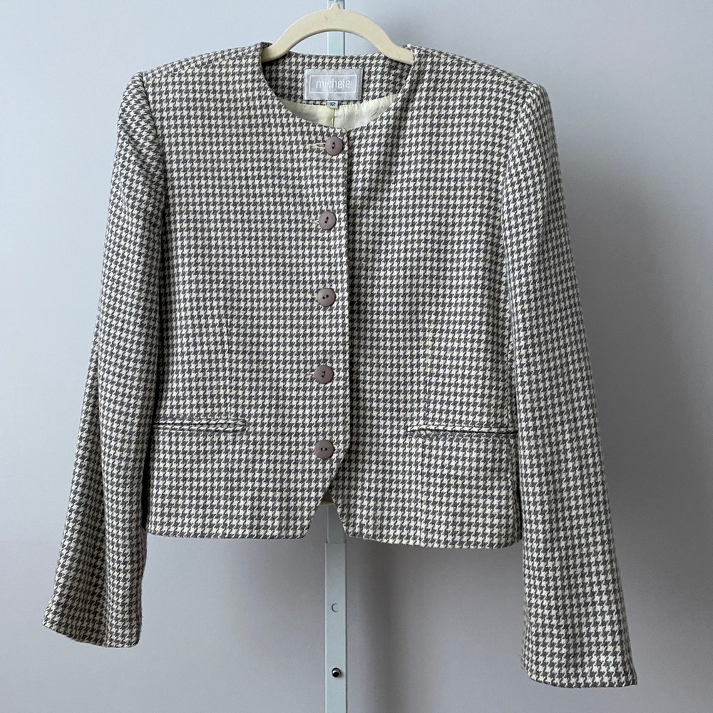 Michele Wool Office Siren Academia Houndstooth Crop Blazer Jacket 12 Brown